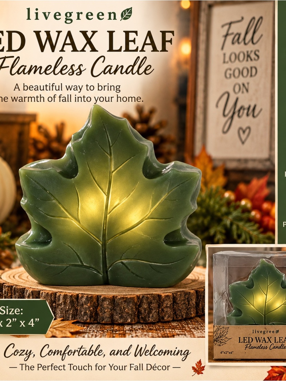 Livegreen Green Leaf LED Wax Flameless Candle